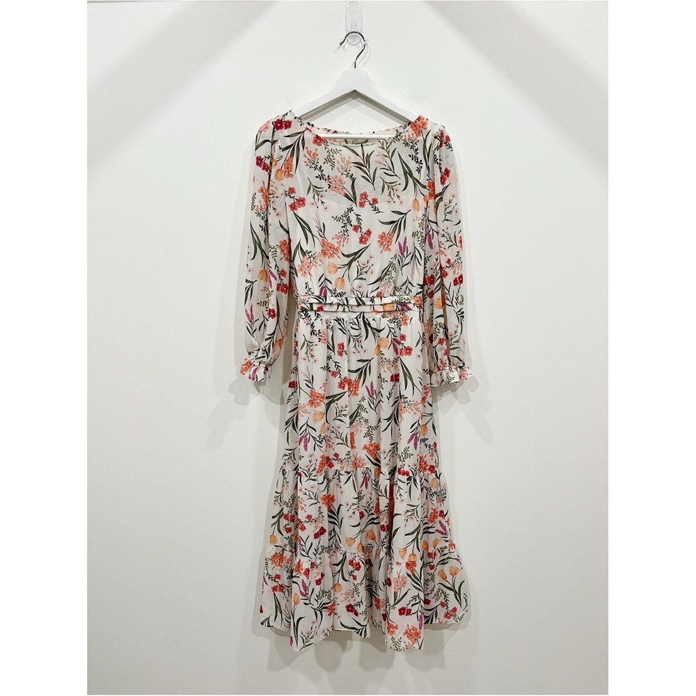 Eliza J Floral Tiered Midi Dress Size 10 Long Sleeve Cream Pink Romantic